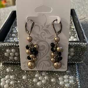 Elegant Pearl and Black Bead Drop Earrings